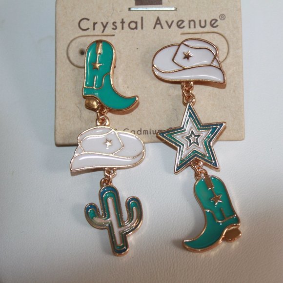 White Hats, Silver star, Aqua Boots, Cactus  3" long Western Earrings - Picture 2 of 2